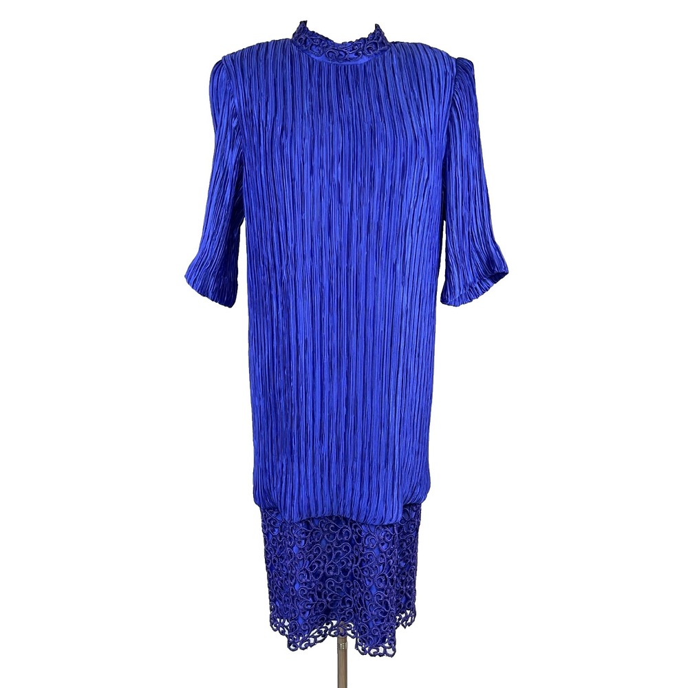 Vintage 80s Pierre Labiche Sheath Dress Size 8 Pleated Mock Neck Lace Hem‎ Retro